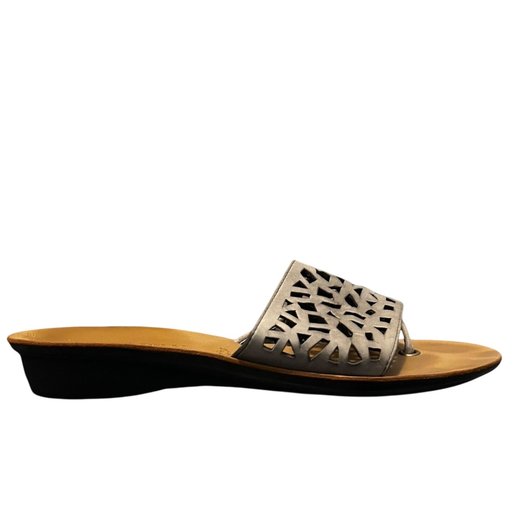 Paul Green Womens Grey Leather Laser Cut Thong Slide Sandals Low‎ Wedge Heel
